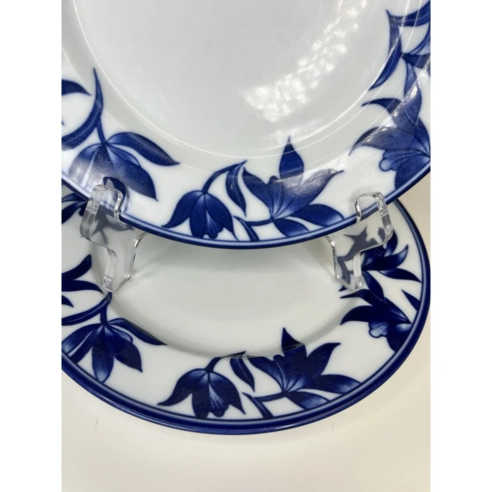 Pier 1 Ming White Cobalt Blue Salad Plate Set of 2 Leaves & Flowers Asian Glossy